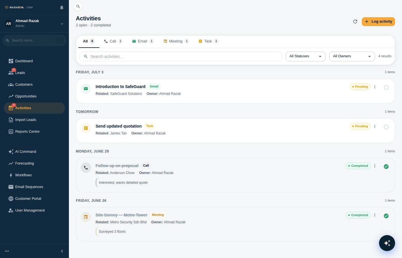 Activities timeline