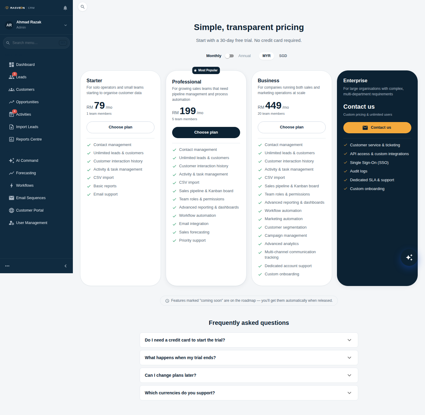 Rasveon pricing page
